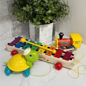 VTG 60’s-70’s Fisher Price LOT Pull Toy Tag A Long Turtle Train & Xylophone